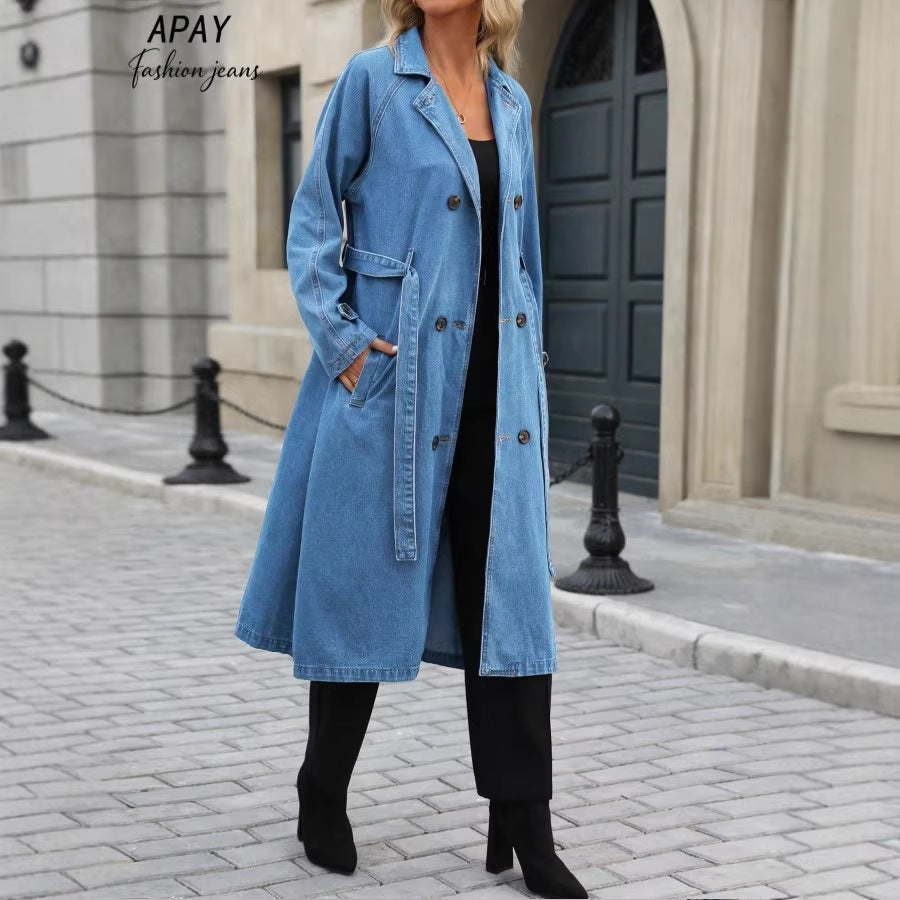 Women Long Denim Trench Coat with Tie Belt and Raglan Sleeves Fashion Glam