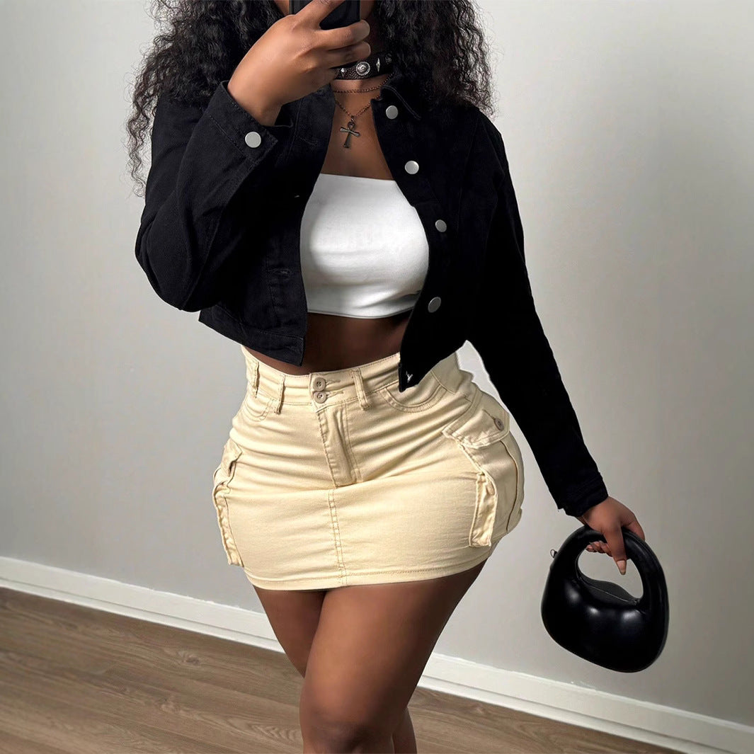 Women's Cropped Denim Jacket with Metal Button Placket and Waist-Length Fit Fashion Glam