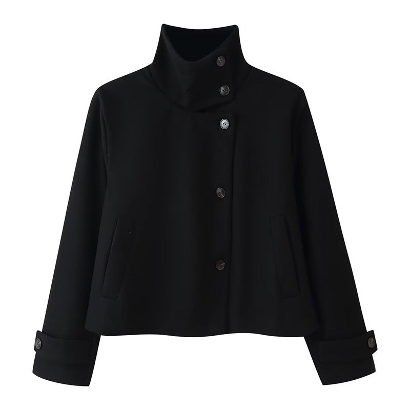 Women short boxy wool jacket with stand-up collar and cuffs Fashion Glam