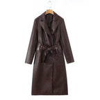 Women's Longline Faux Leather Trench Coat with Double-Breasted Button Placket and Waist Belt Fashion Glam