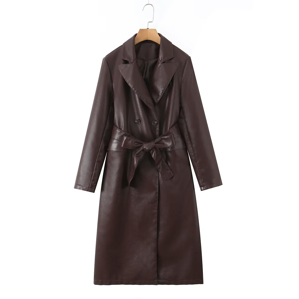 Women's Longline Faux Leather Trench Coat with Double-Breasted Button Placket and Waist Belt Fashion Glam