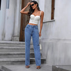 Women's High-Waist Wide-Leg Denim Jeans with Sparkling Pearl Scatter and Straight Leg Fashion Glam