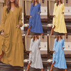 Ladies Long Tiered Dress made of Linen Blend with V-Neck and Side Pockets Fashion Glam