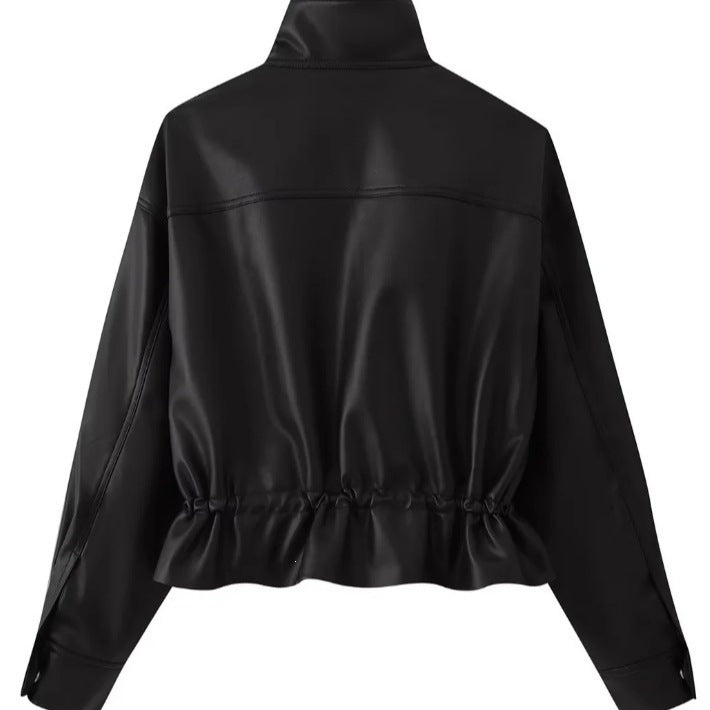 Women cropped faux leather jacket with stand collar, zipper and tailored smocking Fashion Glam