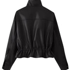 Women cropped faux leather jacket with stand collar, zipper and tailored smocking Fashion Glam