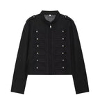 Women's Military Inspired Cropped Wool Blend Jacket with Decorative Button Placket and Stand-Up Collar Fashion Glam