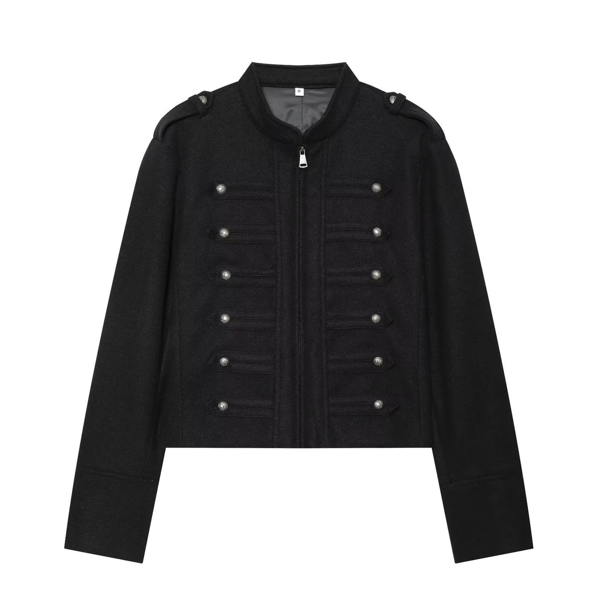 Women's Military Inspired Cropped Wool Blend Jacket with Decorative Button Placket and Stand-Up Collar Fashion Glam