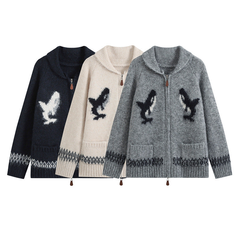 Women’s cardigan with zipper, shawl collar and whale intarsia Fashion Glam