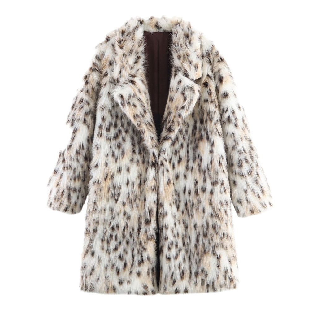 Women's midi coat made of faux fur with leopard print, oversized fit and shawl collar Fashion Glam