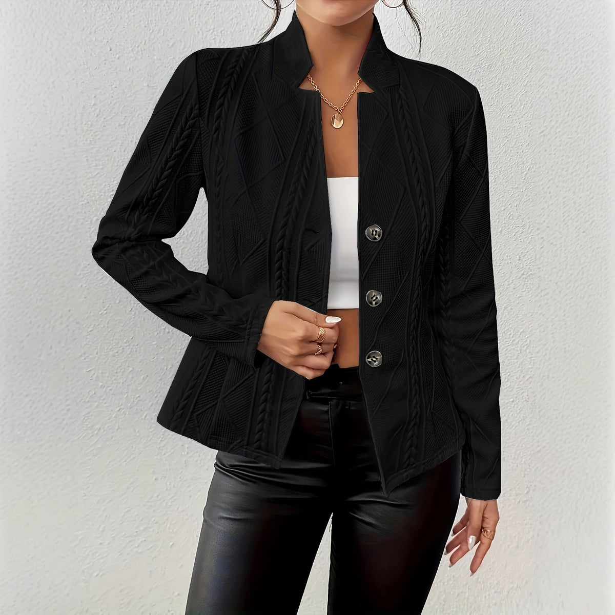 Ladies structured blazer with cable pattern and stand-up collar Fashion Glam