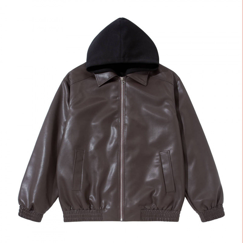 Unisex Oversize Faux Leather Bomber Jacket with Contrasting Hood, Zipper and Elastic Hem Fashion Glam