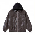Unisex Oversize Faux Leather Bomber Jacket with Contrasting Hood, Zipper and Elastic Hem Fashion Glam