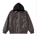 Unisex Oversize Faux Leather Bomber Jacket with Contrasting Hood, Zipper and Elastic Hem Fashion Glam