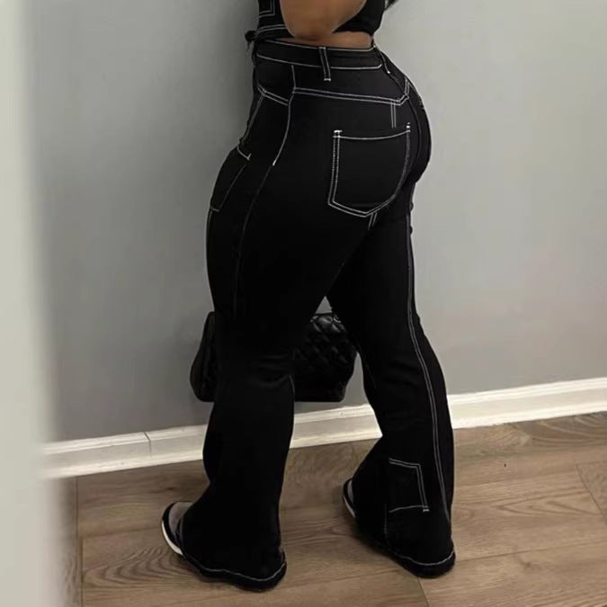 Ladies High-Waist Flared Jeans with Contrast Stitches and Cargo Inserts Fashion Glam