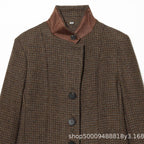 Women Short Tweed Blazer with Standing Collar, Button Placket and Flap Pockets Fashion Glam