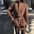 Women's Houndstooth Wool Blend Two-Piece made of Short Jacket and High-Waist Shorts Fashion Glam