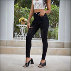 Ladies High-Waisted Skinny Jeans with Large Ripped Inserts and Sculpting Stretch Waistband Fashion Glam