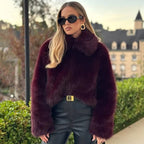 Women's Cropped Faux Fur Boxy Jacket with High Stand-Up Collar and Extra Soft Long Pile Fashion Glam