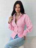 Women's Tailored Striped Shirt Blouse with Lapel Collar and Shaping Waist Fashion Glam