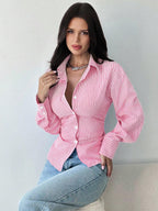 Women's Tailored Striped Shirt Blouse with Lapel Collar and Shaping Waist Fashion Glam