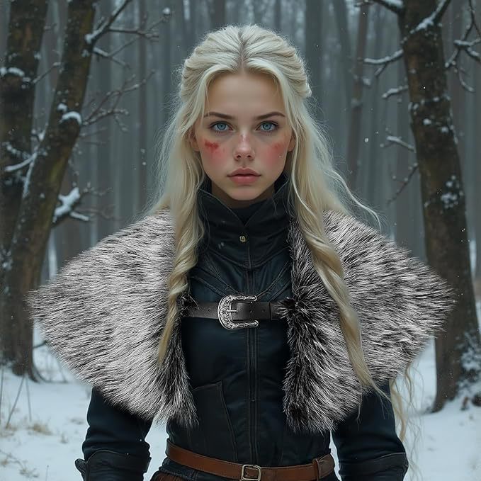 Ladies' coat cape made of faux fur with large shoulder collar and decorative buckle appliqué Fashion Glam
