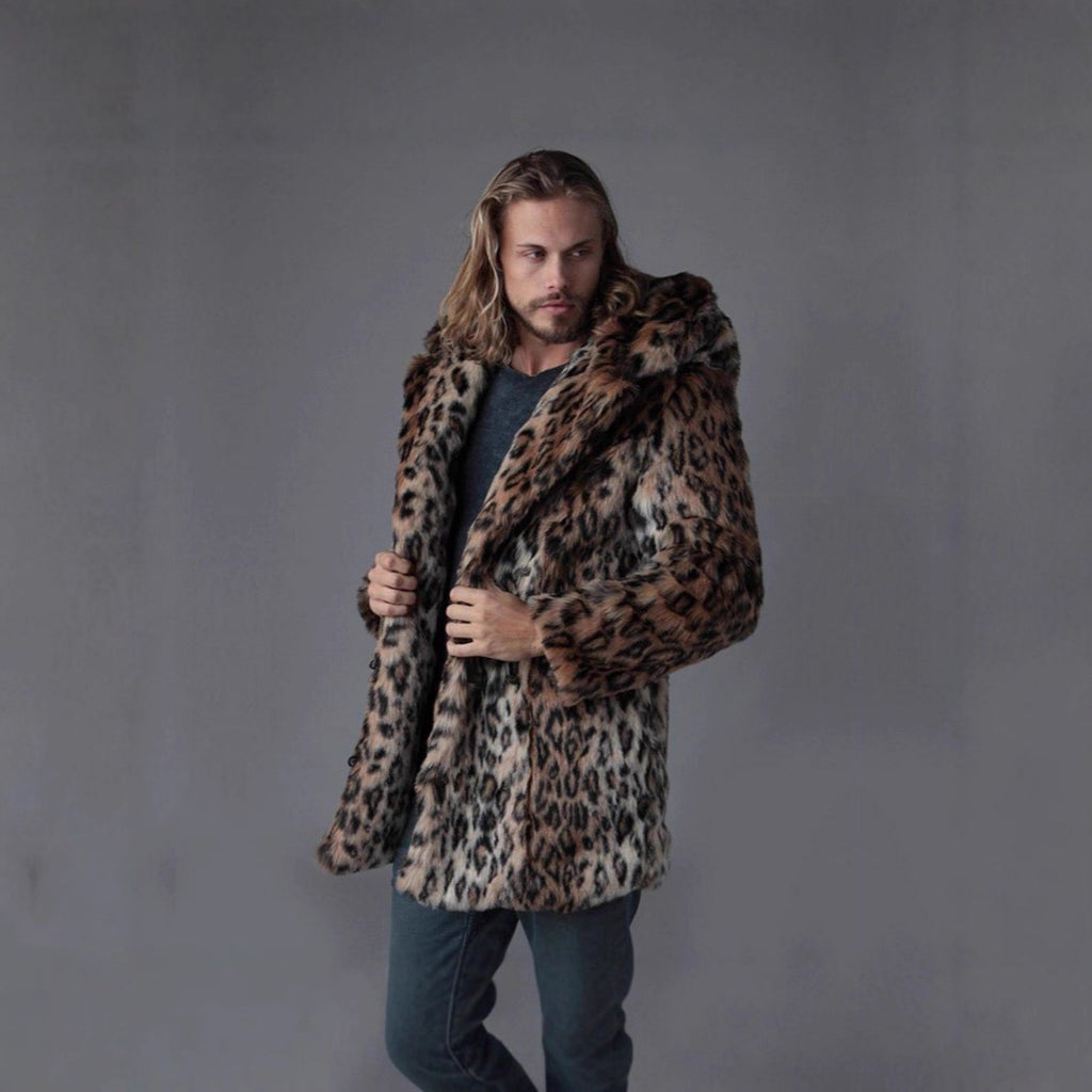 Men's Long Faux Fur Coat with Hood, Ear Application and Oversized Silhouette Fashion Glam