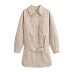 Women Oversized Shirt Blouse Jacket with Waist Belt and Concealed Button Placket Fashion Glam