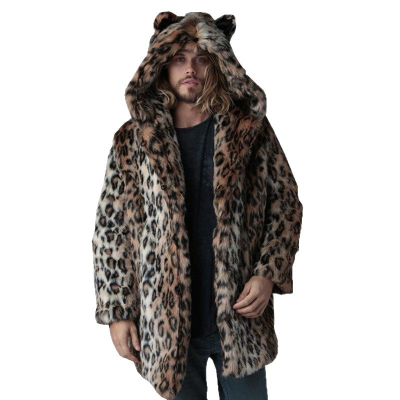 Men's Long Faux Fur Coat with Hood, Ear Application and Oversized Silhouette Fashion Glam