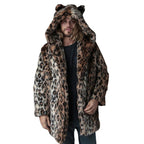 Men's Long Faux Fur Coat with Hood, Ear Application and Oversized Silhouette Fashion Glam