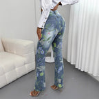Women's High-Waisted Floral Print Denim Jeans in Light Flared-Straight Cut Fashion Glam