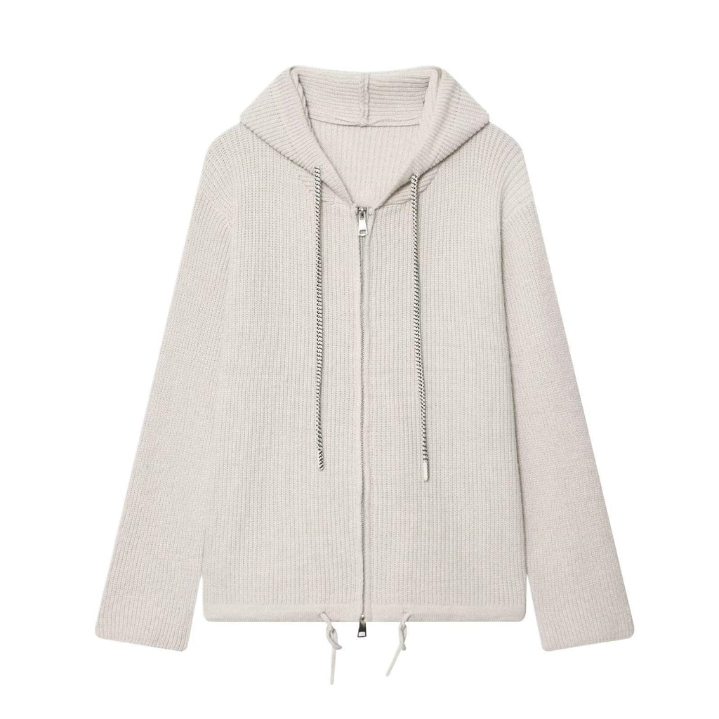 Women's chunky knit hooded jacket with zipper and drawstring Fashion Glam