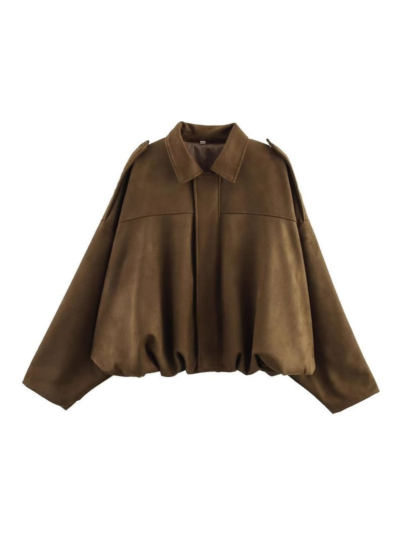 Women's Oversized Suede Blouson with Cropped Hem and Epaulettes Fashion Glam
