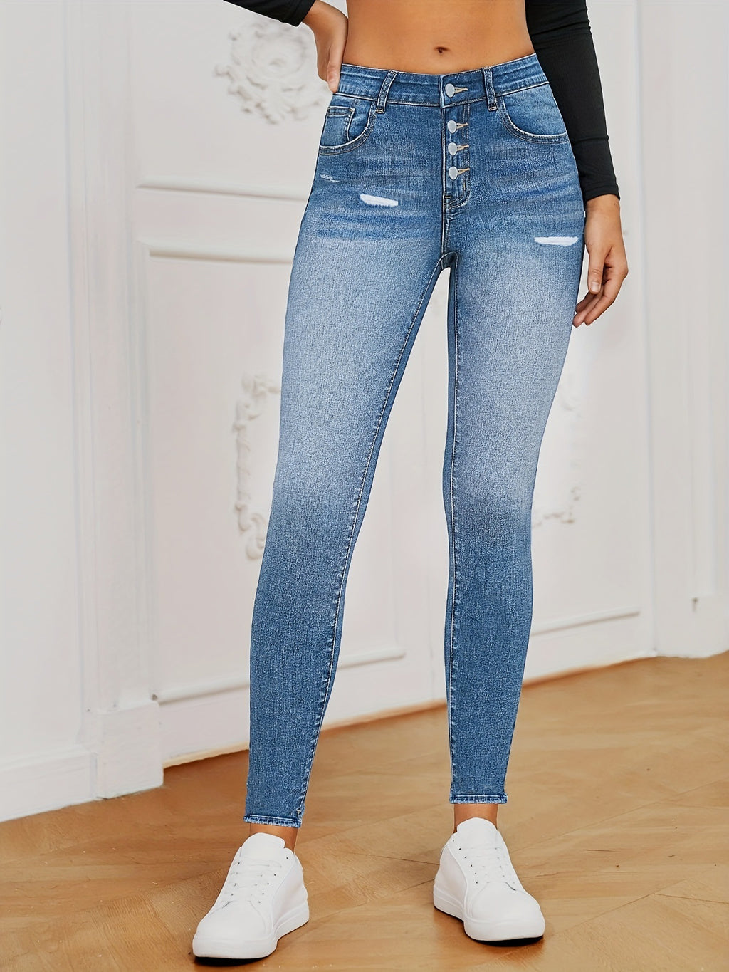 Women's High-Waisted Super Stretch Skinny Jeans with Sculpting V Waistband and Visible Button Placket Fashion Glam