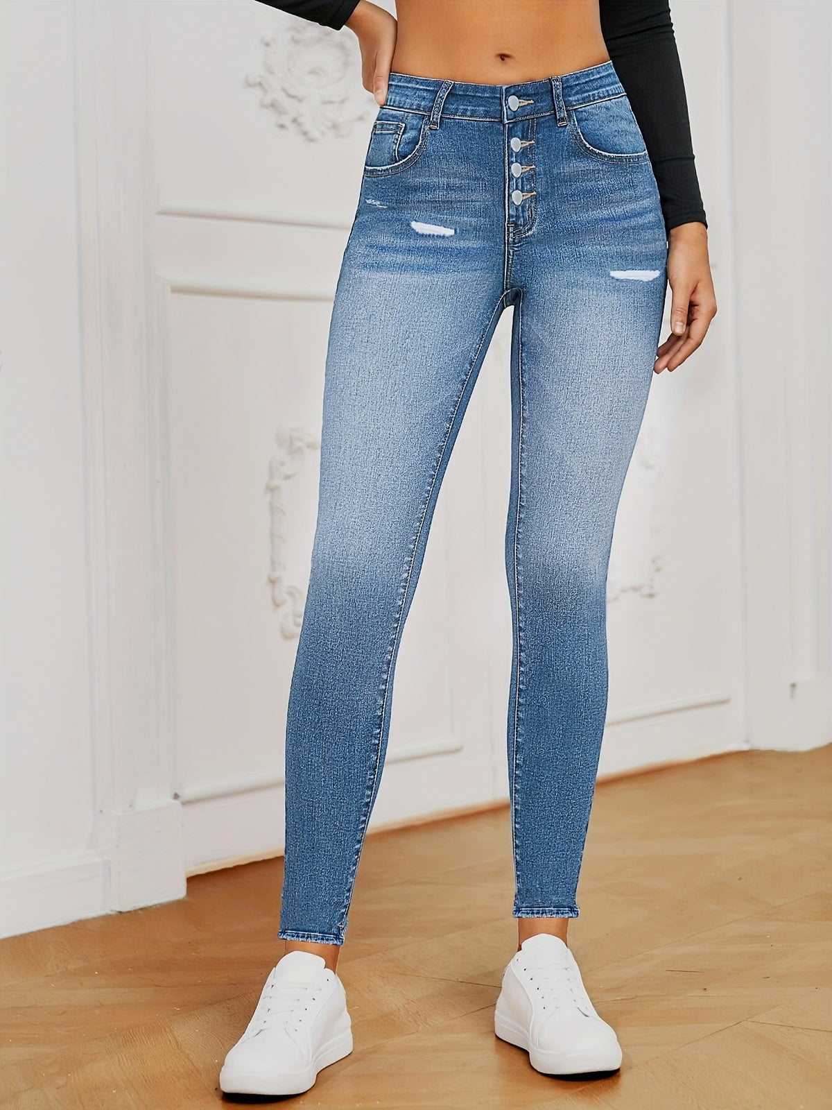 Women's High-Waisted Super Stretch Skinny Jeans with Sculpting V Waistband and Visible Button Placket Fashion Glam