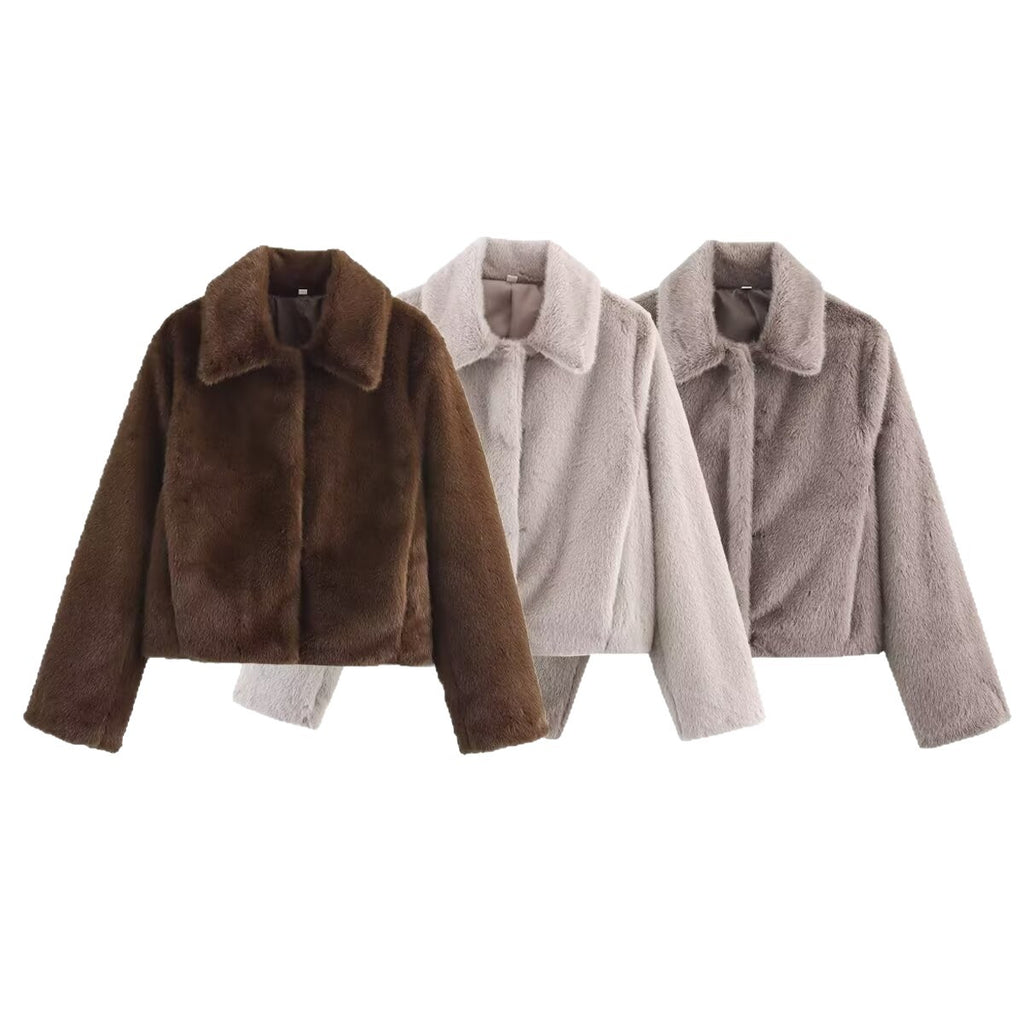 Women's Boxy Faux Fur Short Jacket with Classic Shirt Collar and Velvety Lining Fashion Glam