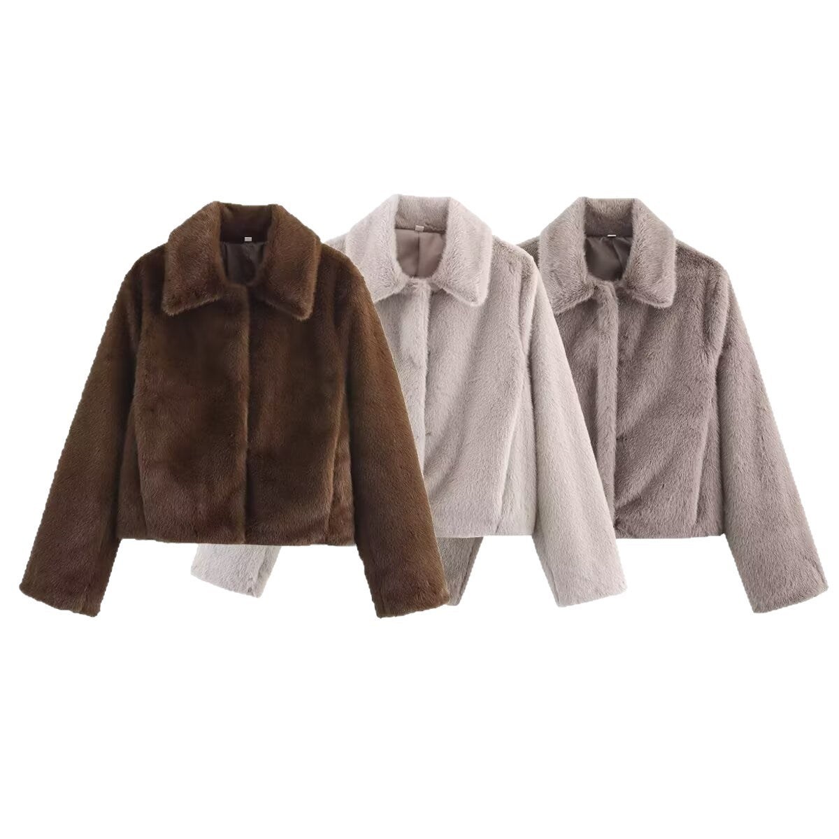 Women's Boxy Faux Fur Short Jacket with Classic Shirt Collar and Velvety Lining Fashion Glam