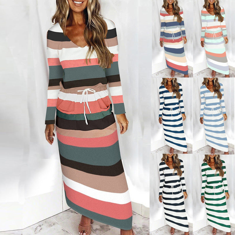 Women's Casual-Elegant Maxi Knit Dress with V-Neck, Drawstring and Side Pockets Fashion Glam