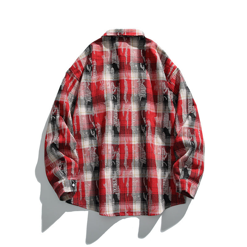 Unisex Oversized Checked Flannel Shirt with Destroyed Details and Chest Pocket Fashion Glam