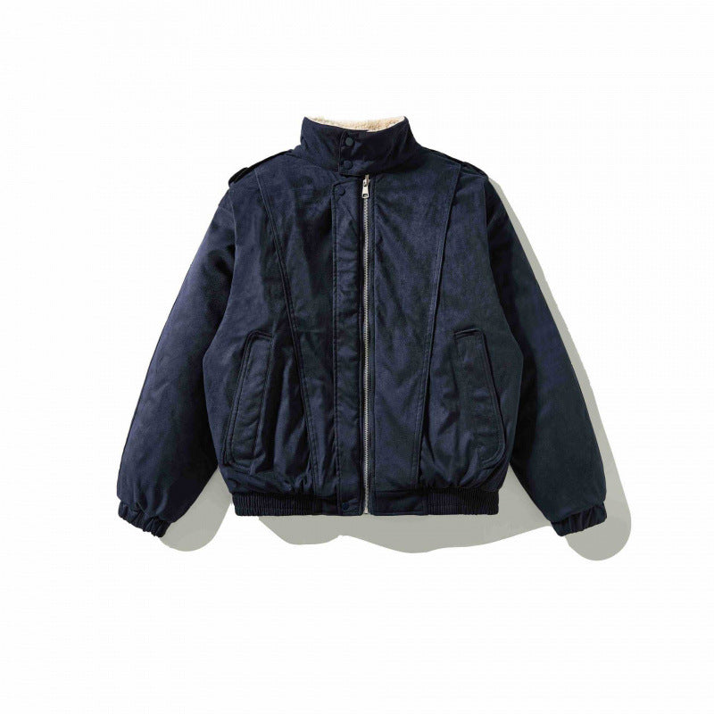 Men's Velvet Leather Look Bomber Jacket with High Stand Collar and Teddy Lining Fashion Glam