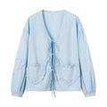Ladies Playful V-Neck Blouse with Ruffled Heart Pockets and Front Ties Fashion Glam