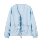 Ladies Playful V-Neck Blouse with Ruffled Heart Pockets and Front Ties Fashion Glam