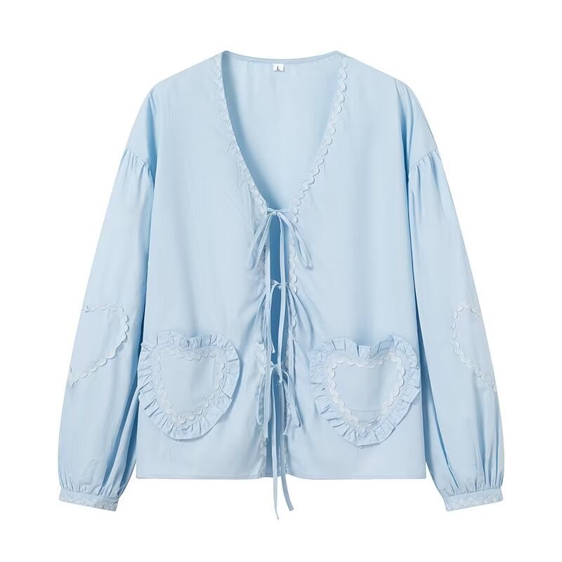 Ladies Playful V-Neck Blouse with Ruffled Heart Pockets and Front Ties Fashion Glam
