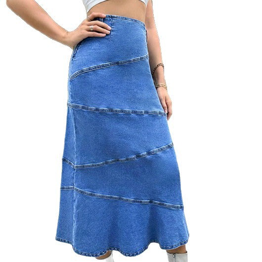 Women's waist-accentuating denim midi skirt with wave-shaped decorative seams and flared hem Fashion Glam
