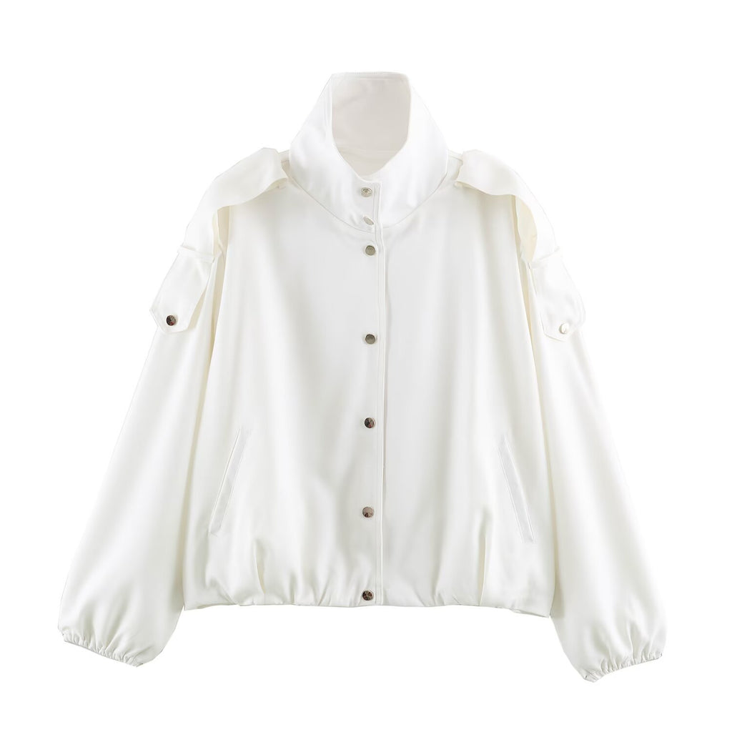 Women's short jacket in oversized bomber style with high stand-up collar and shoulder patches Fashion Glam