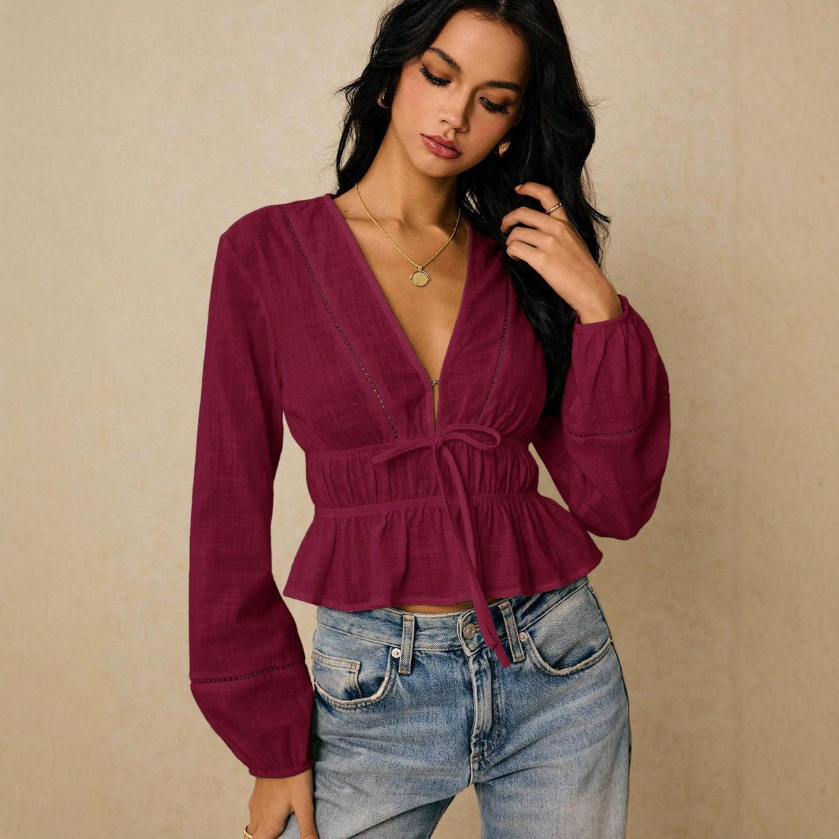 Women Deep Cut Blouse with Drawstring Waist, Ruffled Hem and Decorative Hole Embroidery Fashion Glam