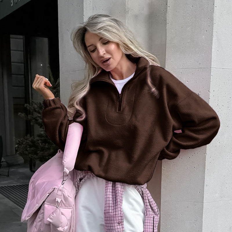 Women’s Oversized Fleece Pullover with Half Zipper and Stand-Up Collar Fashion Glam