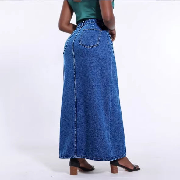 Women's long cut high-waist denim maxi skirt with a continuous button placket and patch pockets Fashion Glam