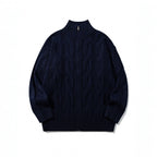Unisex Chunky Knit Zip-up Cardigan with Cable Pattern and High Ribbed Collar Fashion Glam
