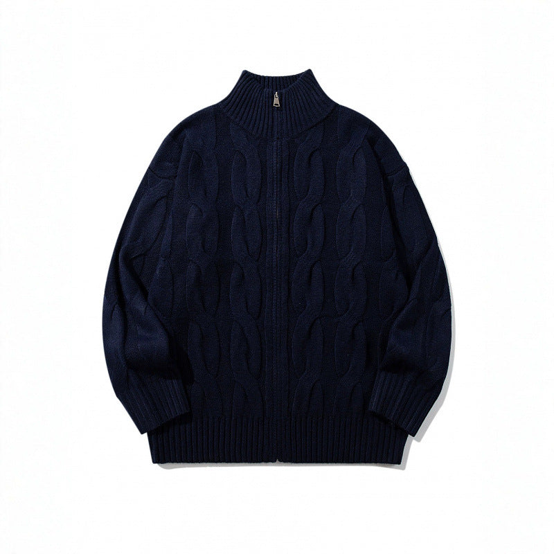 Unisex Chunky Knit Zip-up Cardigan with Cable Pattern and High Ribbed Collar Fashion Glam