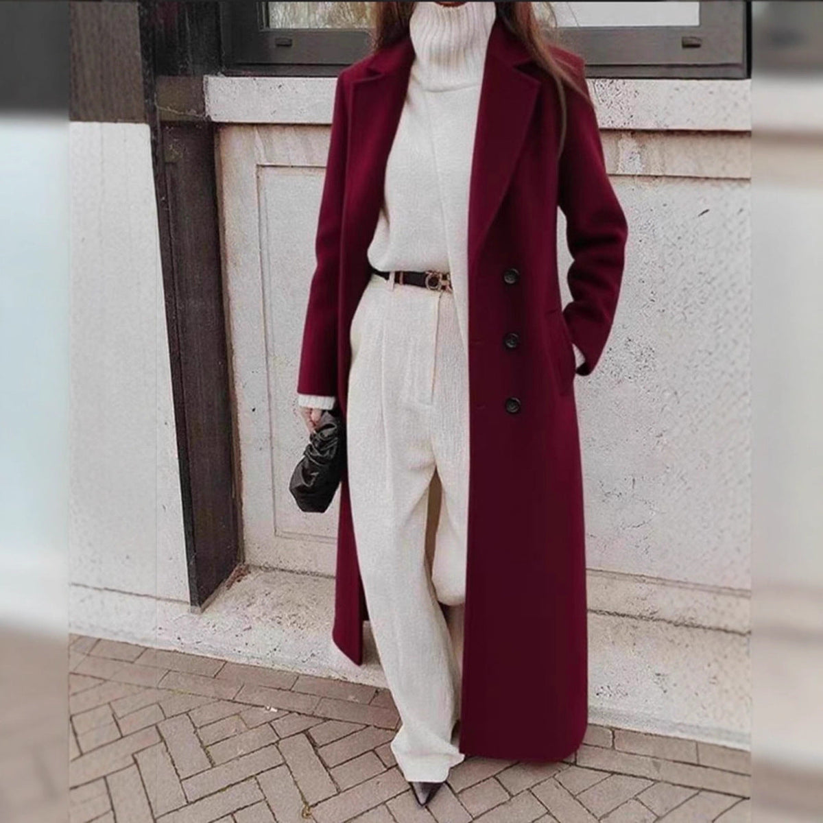 Women Elegant Wool Coat with Double Button Placket and Deep Pockets Fashion Glam
